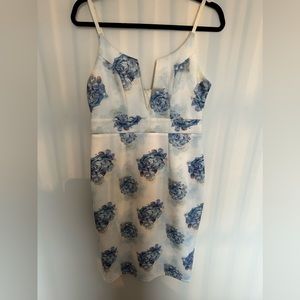 Midi, blue and white floral strap dress